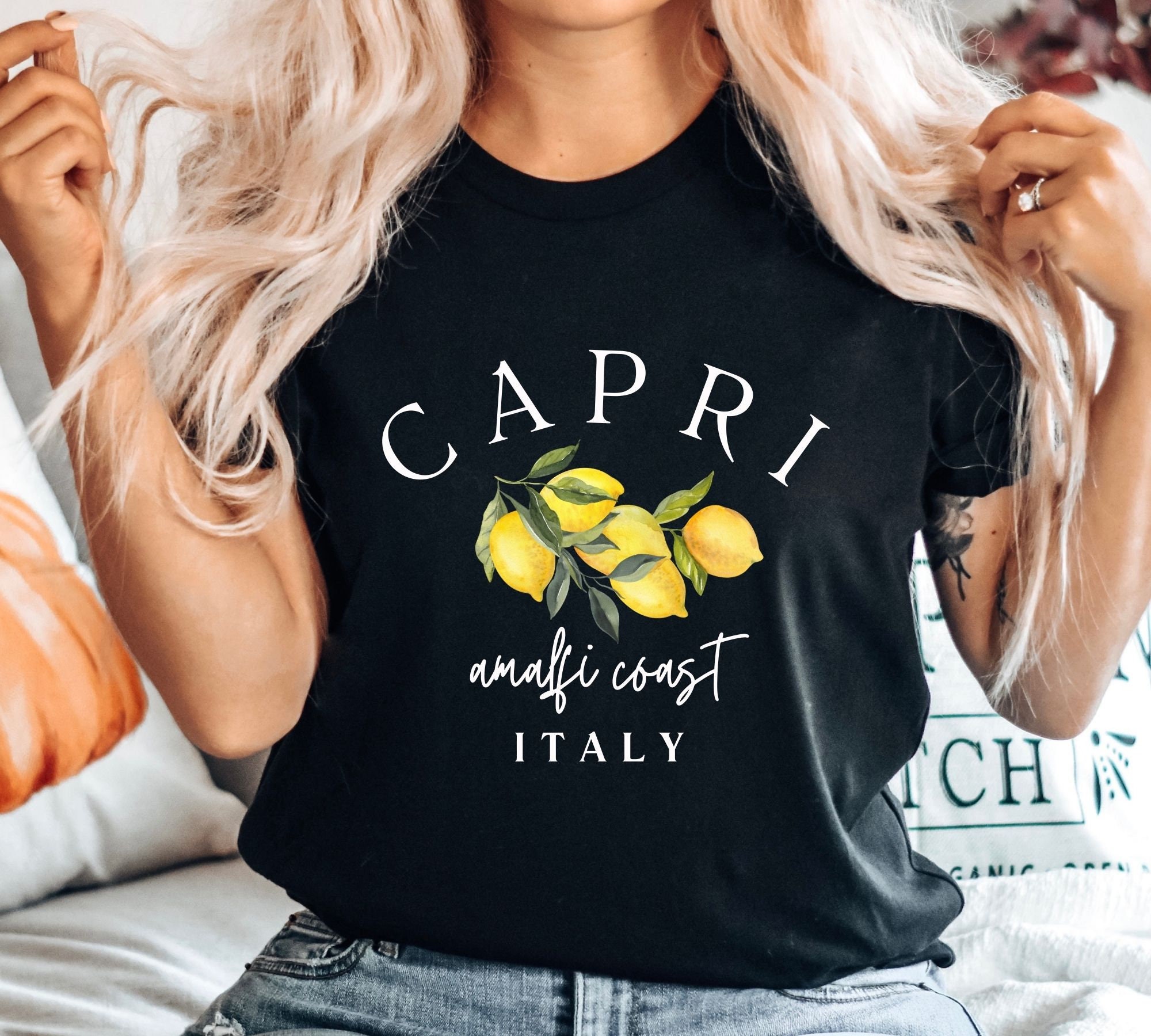T-shirt Femme Côte Amalfitaine Italy Social Club - Design Citrons Et Nœud Rétro, Col En V