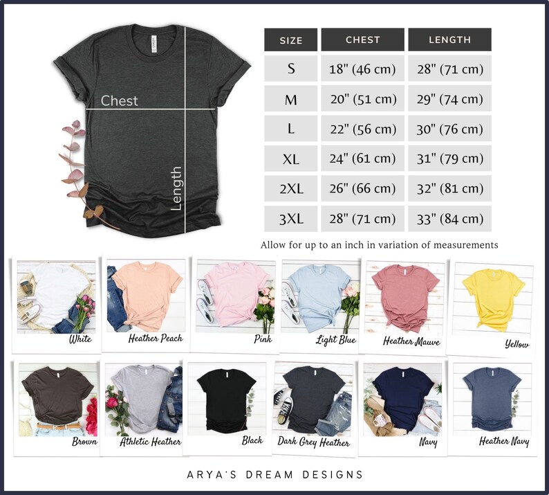 Puede incluir: Camiseta gris oscuro con tabla de tallas y opciones de color. La tabla muestra medidas de pecho de 46 cm a 71 cm y largos de 71 cm a 84 cm. Las opciones de color incluyen blanco, rosa y azul marino.