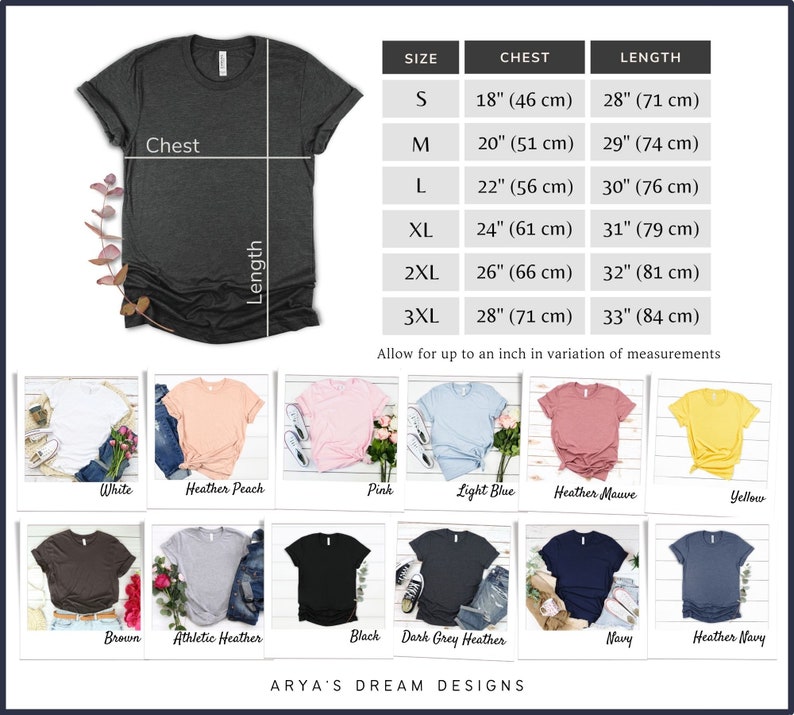 K&ouml;nnte beinhalten: Dunkelgraues T-Shirt mit Gr&ouml;&szlig;entabelle und Farbauswahl. Die Tabelle zeigt Brustma&szlig;e von 46 cm bis 71 cm und L&auml;ngen von 71 cm bis 84 cm. Farboptionen sind Wei&szlig;, Rosa und Marineblau.