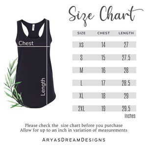 May include: Size chart for a tank top with measurements in inches for chest and length. Sizes include XS, S, M, L, XL, and 2XL.