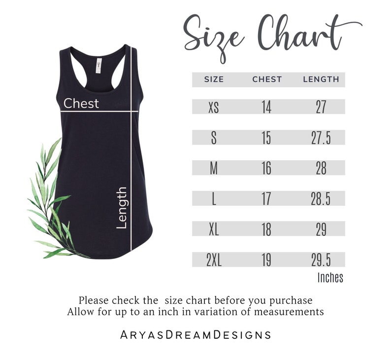 May include: Size chart for a tank top with measurements in inches for chest and length. Sizes include XS, S, M, L, XL, and 2XL.