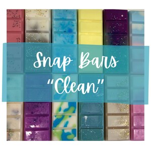 May include: A collection of snap bars in various colours and patterns, including blue, yellow, pink, purple, and white. The bars are arranged in a grid pattern and have the text "Snap Bars 'Clean'" printed on them.