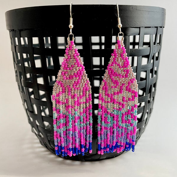 Hot pink swirl statement earrings/ Handmade Seed Beads