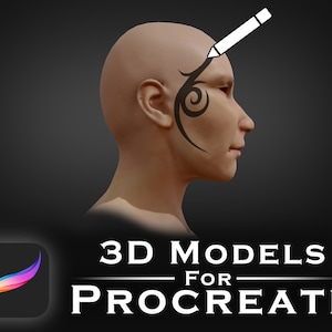 Może przedstawiać: Trójwymiarowy model ludzkiej głowy z czarnym tatuażem plemiennym po boku twarzy. Model został zaprojektowany do użytku z aplikacją Procreate. Modele 3D do Procreate.