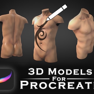 Może przedstawiać: Trzy modele 3D męskiego torsu, jeden z tatuażem plemiennym na klatce piersiowej, do użycia w aplikacji Procreate. Modele są pokazane z przodu, z tyłu i z boku.
