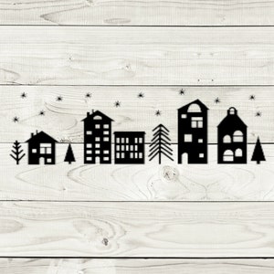 Puede incluir: Una silueta negra que presenta una hilera de varios edificios y &aacute;rboles de hoja perenne intercalados con peque&ntilde;as formas de estrellas. El dise&ntilde;o representa un paisaje urbano con estructuras de varios pisos, ventanas y &aacute;rboles puntiagudos.