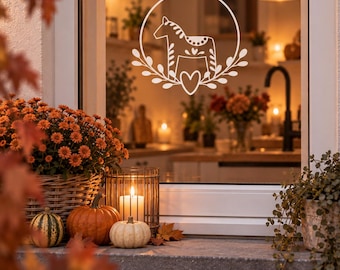 Dala Horse Sticker | Wreath | Vinyl Sticker for Windows, Wood, Lanterns | Christmas | Christmas Decorations | Christmas Stickers | Window Stickers