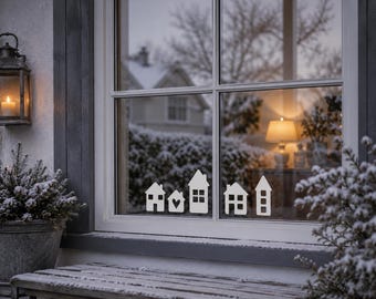 Winter Decor House Stickers for Windows & Lanterns | White House Silhouettes | Vinyl Stickers for Glass | Winter Window Decoration