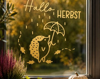 Hello Autumn Window Stickers | Hedgehog with Umbrella | Autumn Window Cling | Autumn Window Decoration | Scandinavian Hygge Decor