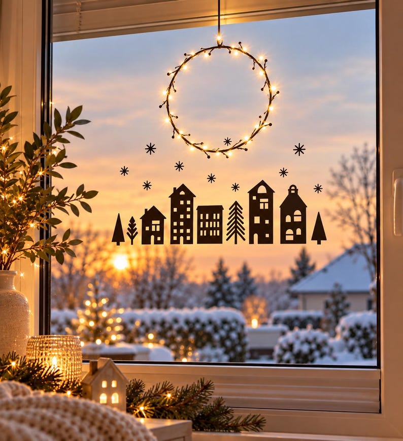Puede incluir: Un adhesivo negro para ventana que muestra la silueta de un peque&ntilde;o pueblo con casas, &aacute;rboles y copos de nieve dispersos. Sobre el pueblo, una corona circular est&aacute; iluminada con luces de hadas de color blanco c&aacute;lido.