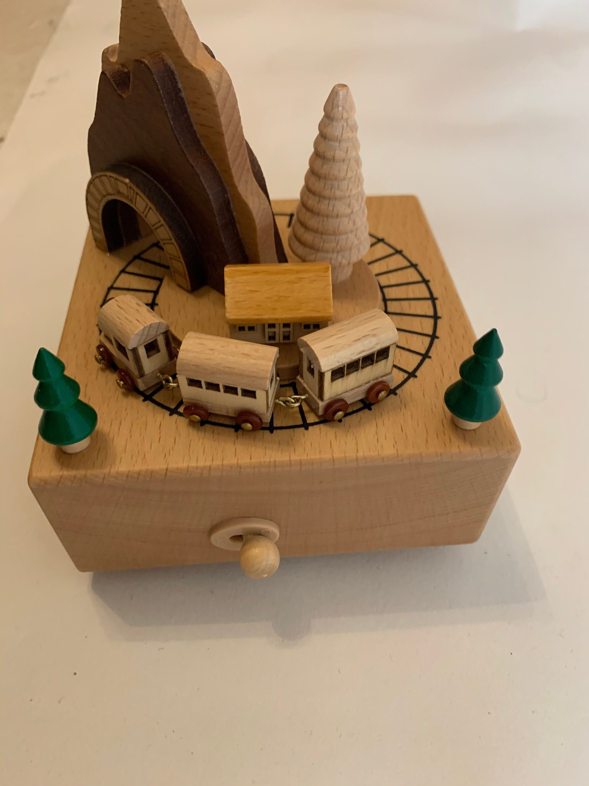 Wooden Wind up Music Box Train Going Around the Mountain Etsy UK