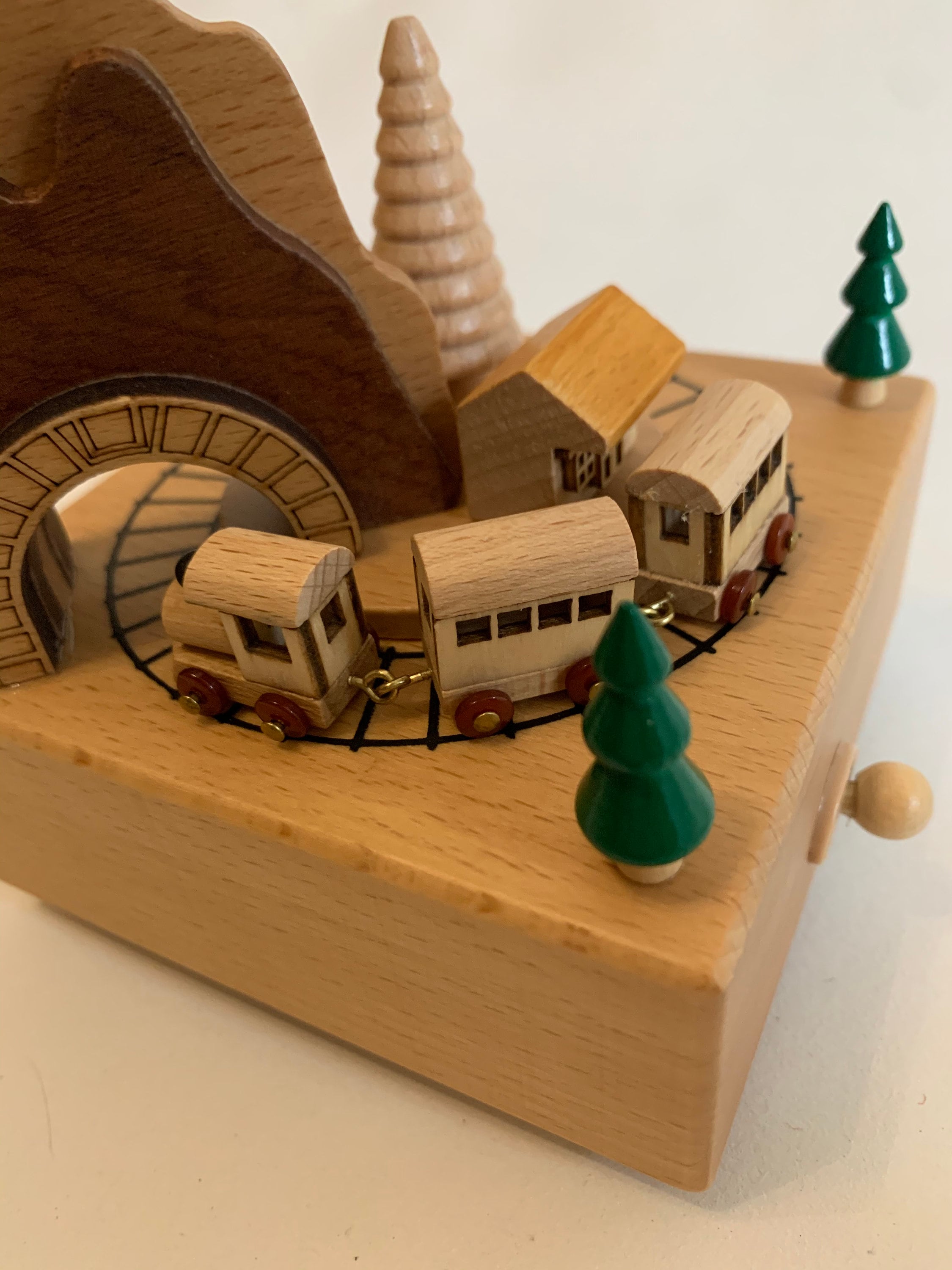 Wooden Wind up Music Box Train Going Around the Mountain Etsy UK