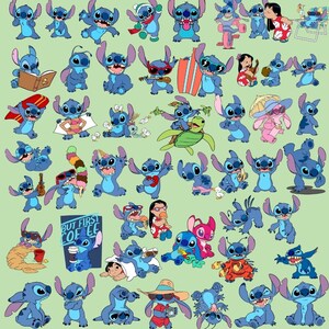 以下が含まれることがあります： 大きな耳と3本の指を持つ青い宇宙人のキャラクターを描いた、カラフルな漫画の画像のコレクション。キャラクターは、音楽を演奏したり、サーフィンをしたり、アイスクリームを食べたりするなど、さまざまなポーズと設定で描かれています。画像は薄い緑色の背景です。