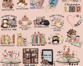 Pacchetto di sublimazione di libri di lettura, libri png, bibliotecario png, citazioni di libri png, disegni di libri per magliette