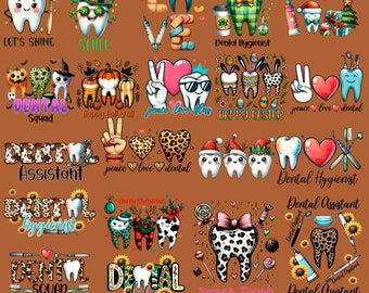 May include: A set of 20 digital images featuring various dental-themed designs. The images include cartoon teeth with different expressions and accessories, such as sunglasses, hats, and bows. The designs also feature various text phrases, such as "Dental Squad", "Dental Assistant", and "Peace, Love, Floss".