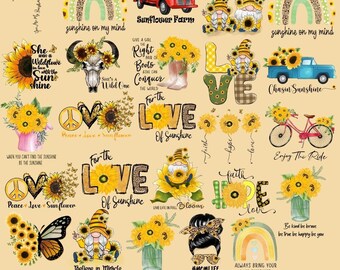 Puede incluir: Un conjunto de 25 imágenes de clipart digitales con girasoles, gnomos, arcoíris y citas inspiradoras. Las imágenes están en una variedad de estilos, incluyendo dibujos animados, acuarela y dibujos a mano. Las imágenes son perfectas para crear manualidades, scrapbooking y otros proyectos creativos.