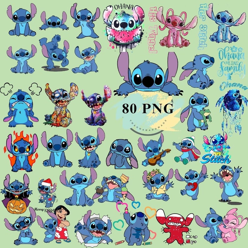 以下が含まれることがあります： ディズニー映画リロ＆スティッチのスティッチをフィーチャーした、80枚のデジタルクリップアート画像のコレクション。画像は、スティッチをさまざまなポーズと表情で示しており、中には「オハナは家族」や「スティッチだ！」などのテキストが含まれています。