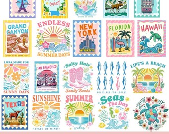 May include: A collection of 20 PNG summer vintage designs, each resembling a postage stamp. The designs feature travel destinations like Paris, Hawaii, and New York, along with summer-themed illustrations such as sunsets, palm trees, and marine life. Text includes "Summer Vibes".