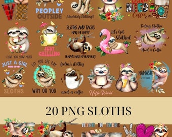 Puede incluir: Una descarga digital de 20 ilustraciones con temática de perezosos. Las imágenes presentan perezosos en varias poses y con diferentes lemas, como "Just Chilling", "Feeling Slothy" y "Hang in There".