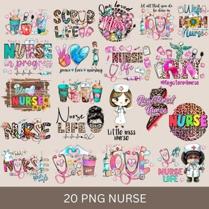 Puede incluir: Un conjunto de 20 imágenes digitales con diseños coloridos con la palabra "Nurse" y frases relacionadas. Los diseños incluyen corazones, tazas de café, estetoscopios y patrones de estampado de leopardo.