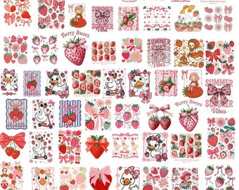 Paquete de fresas Coquette PNG, sublimación de ganso Coquette, dibujos animados de los 90 PNG, fresas florales PNG, camiseta de fresa