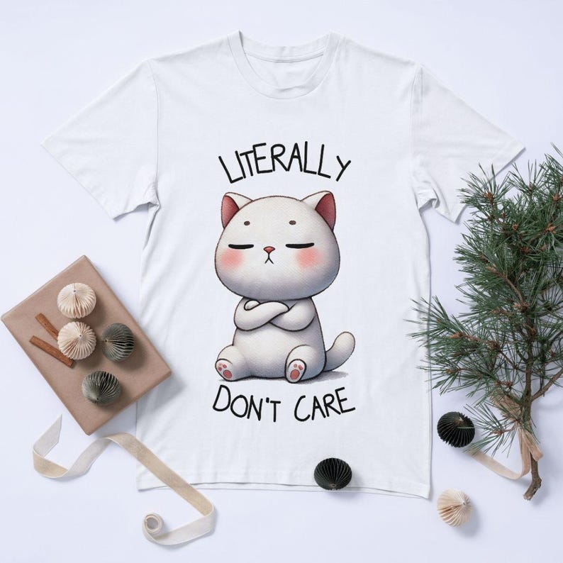 Puede incluir: Camiseta blanca con un gato de dibujos animados y el texto "LITERALLY DON'T CARE". El gato tiene los ojos cerrados, los brazos cruzados y detalles en rosa. La camiseta est&aacute; sobre una superficie blanca con elementos decorativos.