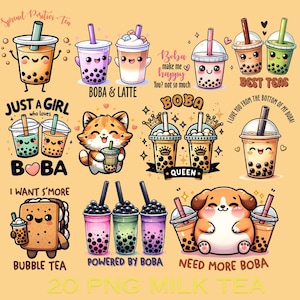 May include: A set of 10 digital illustrations featuring cute cartoon characters enjoying boba tea. The illustrations include a girl, a cat, a dog, and various boba tea cups with different designs and text. The text includes "Just a girl who loves boba", "Boba & Latte", "Boba make me happy", "I love you from the bottom of my boba", "Best Teas", "Powered by Boba", "Need more boba", and "Bubble Tea".