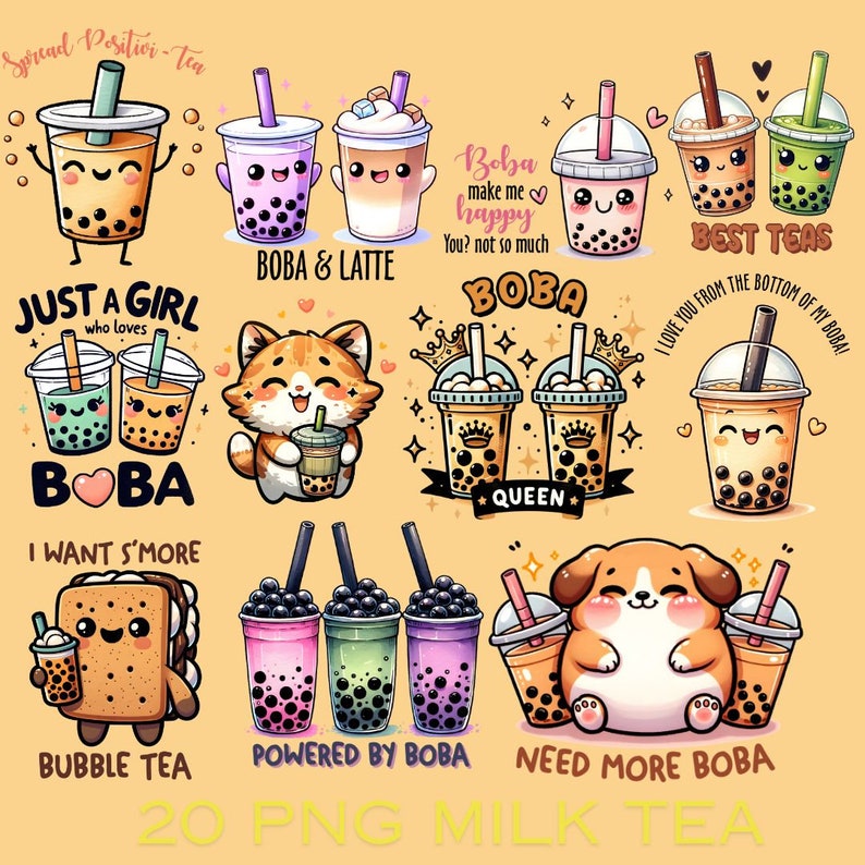 May include: A set of 10 digital illustrations featuring cute cartoon characters enjoying boba tea. The illustrations include a girl, a cat, a dog, and various boba tea cups with different designs and text. The text includes "Just a girl who loves boba", "Boba & Latte", "Boba make me happy", "I love you from the bottom of my boba", "Best Teas", "Powered by Boba", "Need more boba", and "Bubble Tea".