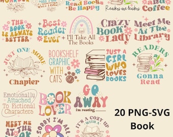 Booklover Png-sublimatiebundel, leesboek png, bloemenboeken Svg, boekafbeeldingen png, lezer, boekenwurm, digitale download