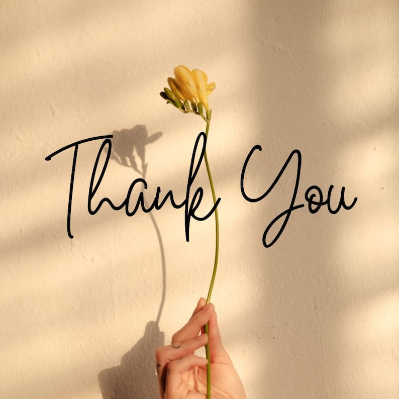 May include: A simple thank you message written in black script on a beige background with a single yellow flower in the centre.