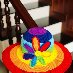 Rainbow Hat, Rainbow Crochet Hat, Crochet Flower Hat, Sun Hat Women, Rainbow Flower, Rainbow Baby Hat, Wide Brim Hat, Summer Hat, Hat Custom
