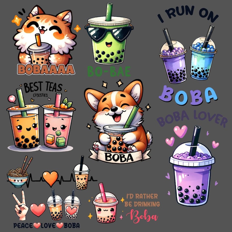 May include: A collection of colorful stickers featuring boba tea, a popular Taiwanese drink. The stickers feature cute cartoon characters, including a fox, a corgi, and a heart. The stickers also include text such as "BOBAAAA", "BOBAE", "BEST TEAS", "I RUN ON BOBA", "BOBA LOVER", "PEACE LOVE BOBA", and "I'D RATHER BE DRINKING Boba".