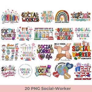 Pode incluir: Uma coleção de 20 imagens PNG com vários designs relacionados ao trabalho social. As imagens apresentam textos como "Social Worker", "Social Work Rocks" e "Be a Voice". Os designs incluem arco-íris, corações e mãos.
