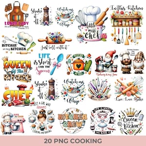 Könnte beinhalten: Ein Set mit 20 digitalen Illustrationen mit Küchenmotiven. Die Illustrationen zeigen verschiedene Küchenutensilien, Lebensmittel und Text. Einige der Texte beinhalten "Queen of the Kitchen", "Life is Short, Lick the Spoon", "Just Roll with It" und "Watch Me Whip".