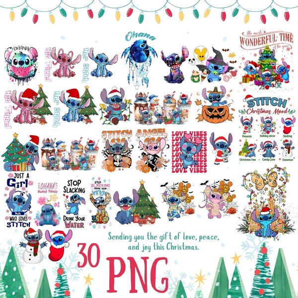 Stitch Christmas PNG-bundel, Stitch en Angel Png, Stitch Merry Christmas Png, digitale download, Stitch Halloween Png, Kerstmis Png