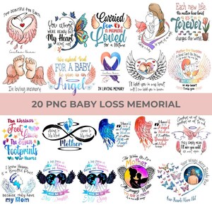 May include: A selection of 20 PNG baby loss memorial designs. The designs feature angel wings, hearts, footprints, and text such as "Forever" and "In loving memory." The colour palette includes pink, blue, and purple.