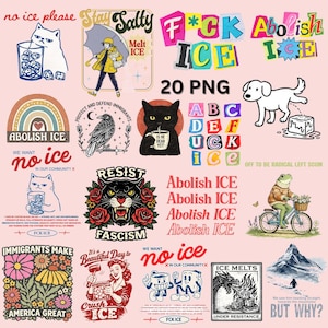 Pode incluir: Uma coleção de 20 gráficos PNG com vários designs. Inclui designs baseados em texto com frases como "Abolir ICE", "No Ice Please" e "Resistir ao Fascismo". As imagens apresentam ilustrações de gatos, cães e outras figuras.