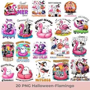 May include: A set of 20 PNG Halloween-Flamingo designs. Each design shows a pink flamingo on a pool float, with Halloween elements such as skeletons, ghosts, witches, and pumpkins. Text includes "Sweet Summer Time" and "Happy Halloween".