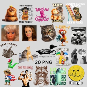 Puede incluir: Una colección de 20 imágenes PNG con varios personajes de dibujos animados y texto. Incluye un castor con corona, un cacahuete con sombrero, un pulpo, monos, un gato fumando, un gallo, una vaca, un mapache, un lagarto y una carita sonriente.