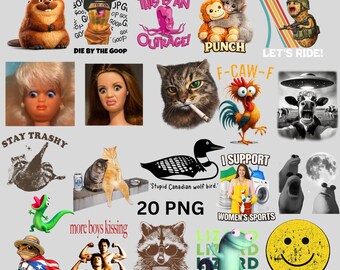 May include: A collection of 20 PNG images featuring various cartoon characters and text. Includes a beaver with a crown, a peanut with a hat, an octopus, monkeys, a cat smoking, a rooster, a cow, a raccoon, a lizard, and a smiley face.