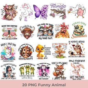 Puede incluir: Una colección de 20 diseños de animales divertidos en PNG. Los diseños incluyen un búho, un pato, una mariposa, un caimán, un ganso, un unicornio, gatos, un pollo, un mapache, un perro, un búho, un pollito, un zorro, un conejo y más. Cada diseño tiene una frase única.