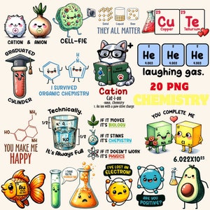 Könnte beinhalten: Ein Set mit 20 bunten Cartoon-Illustrationen mit Chemie-Wortspielen und wissenschaftlichen Witzen. Die Illustrationen beinhalten einen Messzylinder, ein Becherglas, eine Katze, eine Zwiebel, eine Avocado und einen Goldfisch. Der Text im Bild beinhaltet "Ich habe organische Chemie überlebt", "Technisch gesehen ist es immer voll", "Du machst mich glücklich", "Lachgas", "Kation", "Alles zählt", "Du vervollständigst mich", "Bist du positiv?", "Ich habe ein Elektron verloren!" und "6,022x10^23".