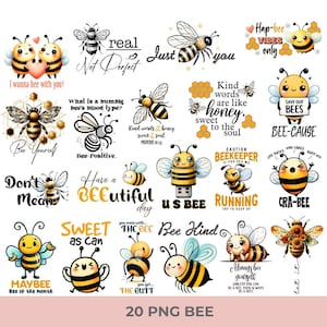 Puede incluir: Una colección de 20 gráficos PNG con temática de abejas. Las imágenes presentan varias abejas de dibujos animados con textos como "Bee Yourself", "Save Our Bees" y "Sweet as Can". Los diseños incluyen abejas amarillas y negras con diferentes expresiones.