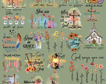 Puede incluir: Una descarga digital de 20 imágenes PNG con temática cristiana que presentan diseños florales, citas inspiradoras y versículos bíblicos. Las imágenes incluyen frases como "Dios es bueno", "Ella es fuerte" y "Crecer en gracia".