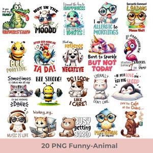 Puede incluir: Una colecci&oacute;n de 20 gr&aacute;ficos PNG de animales divertidos con citas. Las im&aacute;genes presentan animales de dibujos animados como un cocodrilo, una vaca, una tortuga, una abeja, un gallo, un perro, un unicornio, un flamenco, un gato, un ping&uuml;ino, un b&uacute;ho, un oso y un p&aacute;jaro.