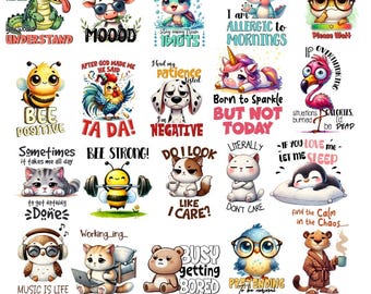 May include: A collection of 20 PNG funny animal graphics with various quotes. The images feature cartoon animals like a crocodile, cow, turtle, bee, rooster, dog, unicorn, flamingo, cat, penguin, owl, bear, and bird. Each graphic has a unique design and text.