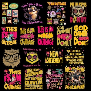 以下が含まれることがあります： 黒い背景にグラフィックデザインのコレクション。デザインには、サングラスをかけた猫、恐竜、「OUTRAGE」と「DONUT」の文字など、テキストとイラストが使用されています。カラーパレットには、ピンク、イエロー、ブラックが含まれています。