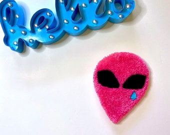 Pink Crying Alien Tufted Rug | Pink Alien Tufted Wall Art