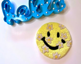 Flower Power Smiley Face Hand-Tufted Rug | Yellow Smiley Face Wall Hanging