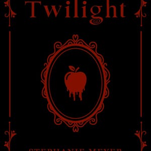 May include: Black book cover with the title "Twilight" in red, stylized lettering. A red apple with dripping details is centered within an ornate frame. The author's name, Stephanie Meyer, is at the bottom.